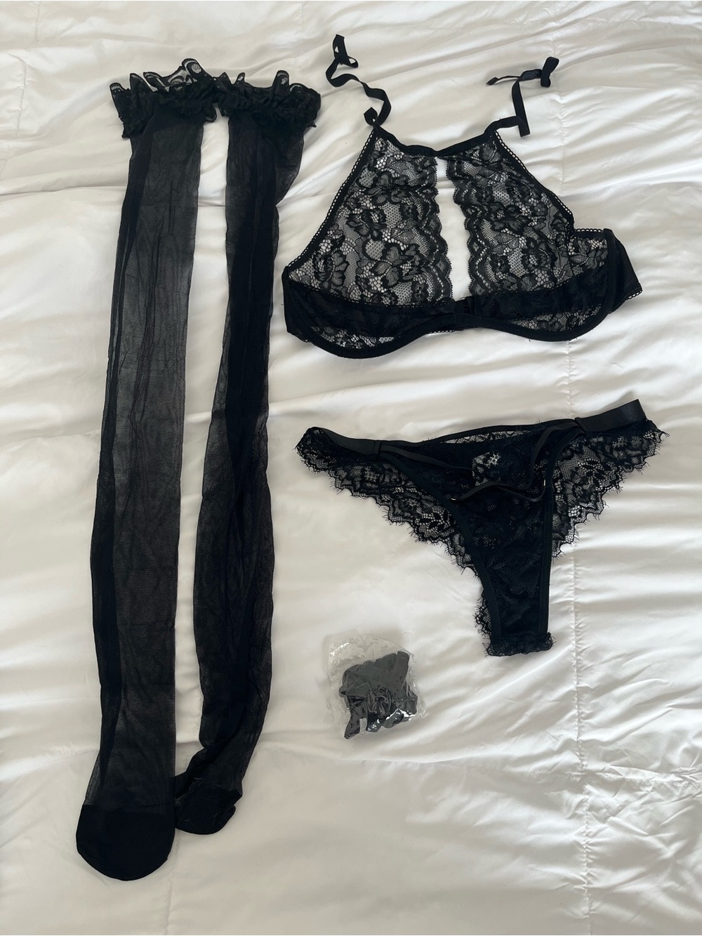 SHEIN Black Lace Bralette, Thong & Sheer Thigh-Highs Set